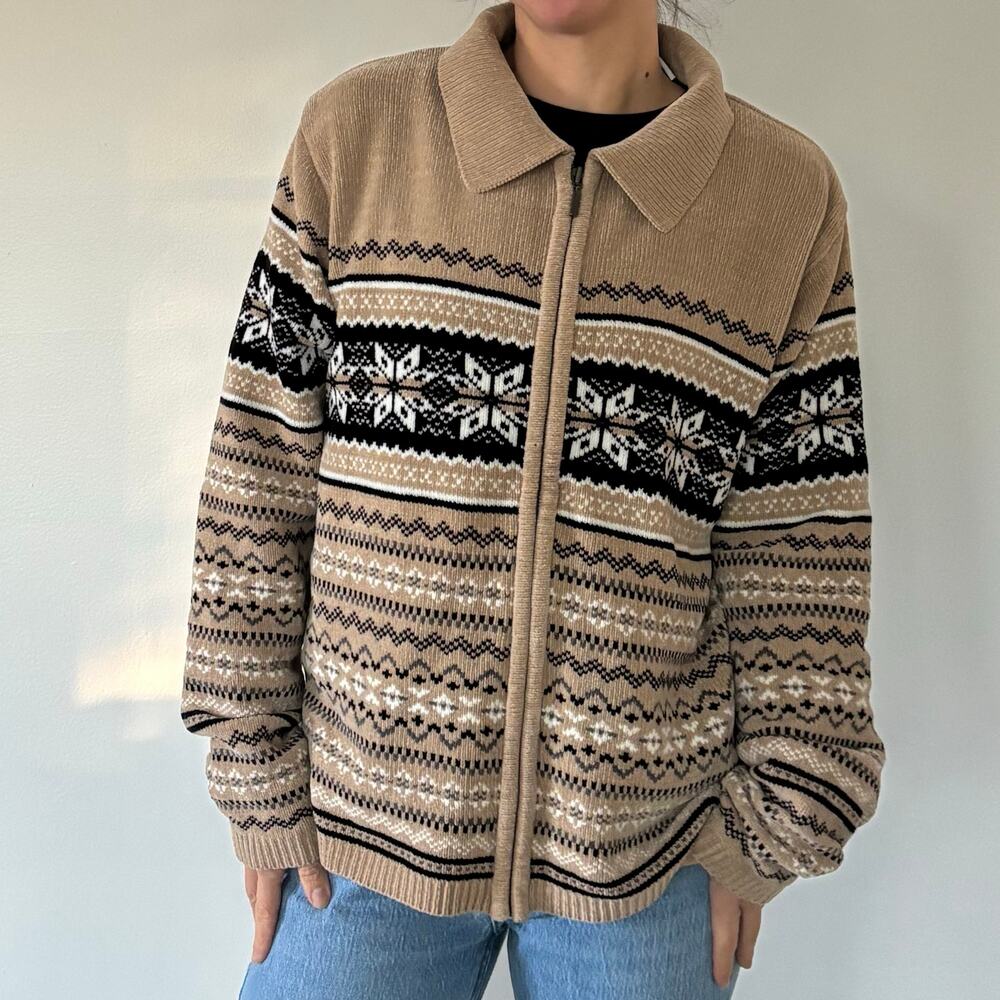 Vintage Full Zip Collared Sweater Snowflake Black and Tan Womens' Large